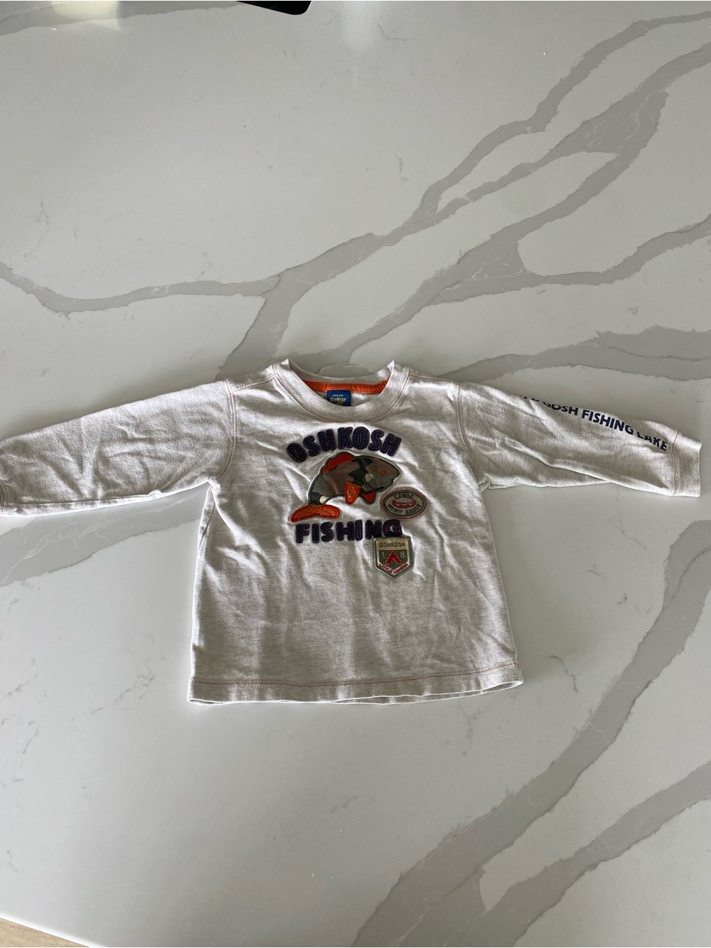OshKosh B'gosh fishing lake patches Boys 24 Months Gray Long Sleeve Cotton Tee